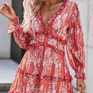 Tiksawon Red Floral Long Sleeve Open Back Tiered Ruffle Mini Dress S NWOT